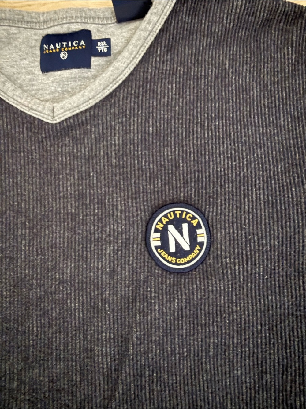 Nautica Men’s XXL corduroy V-neck pullover long sleeve elbow patch navy blue top - Picture 3 of 5